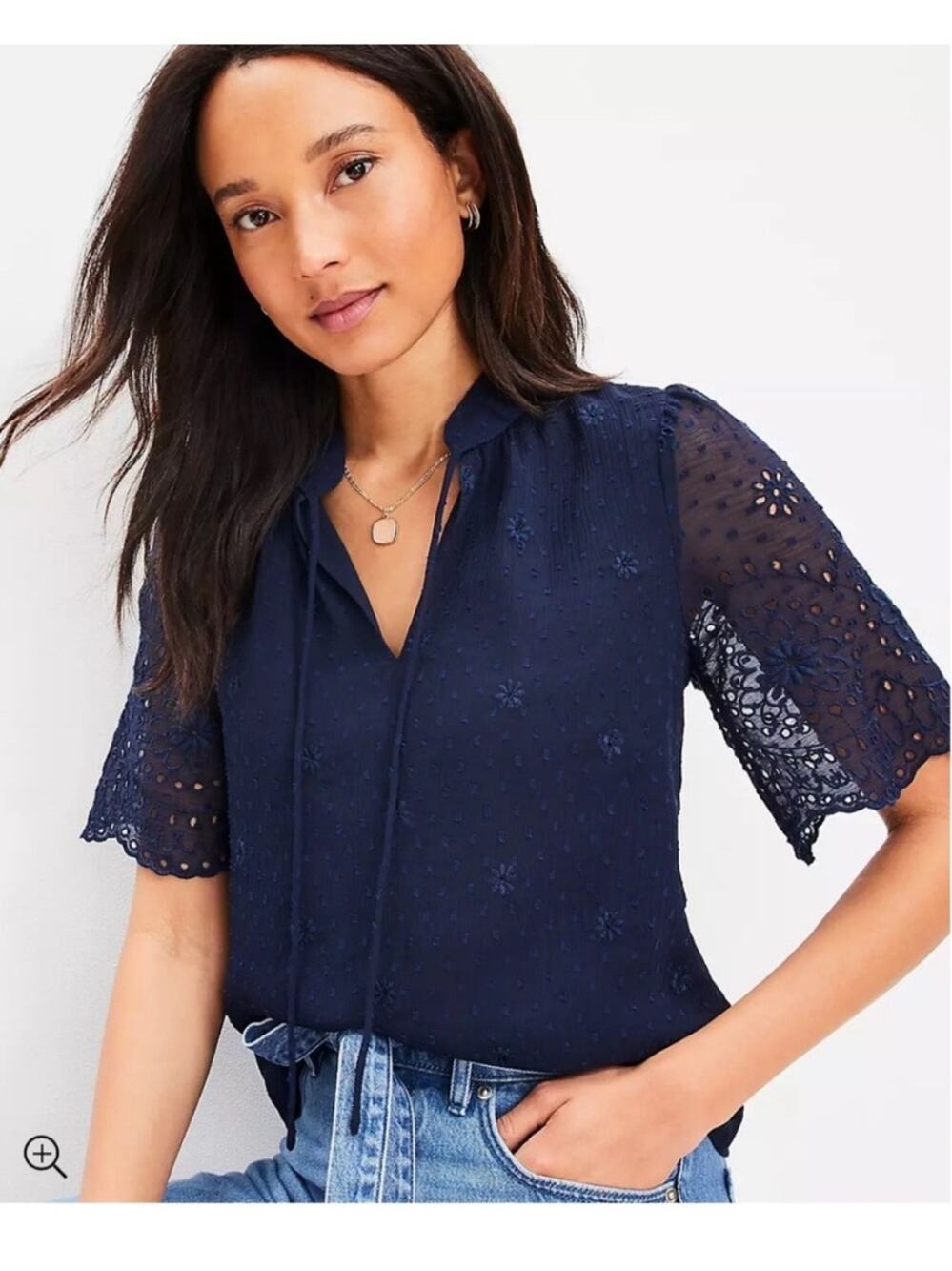 LOFT Navy Eyelet Tie-Front Blouse in Navy Clip Dot - Size MP